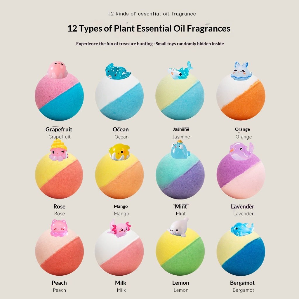 12 kids bath bombs showing all fragrances including grapefruit rose mango lavender and lemon each with a hidden sea animal toy on top