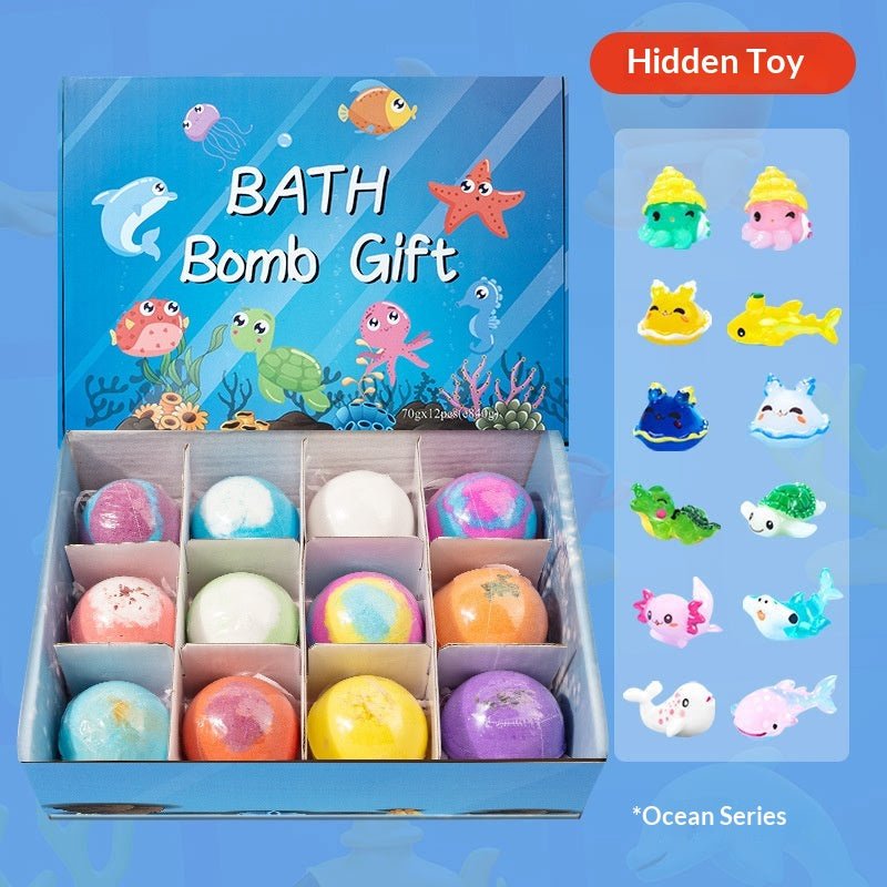 Kids bath bomb gift set box open showing 12 colorful bath bombs with hidden ocean animal toys displayed on side