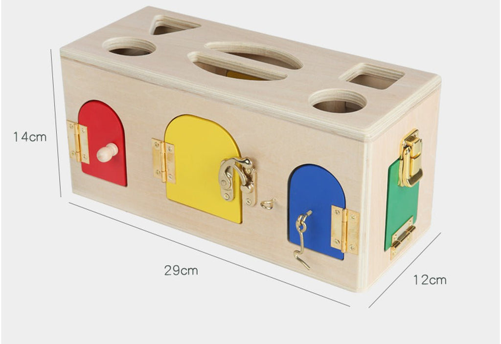 Side angle of wooden shape lock box with dimensions 29x12x14cm showing four colored locking doors with real hardware