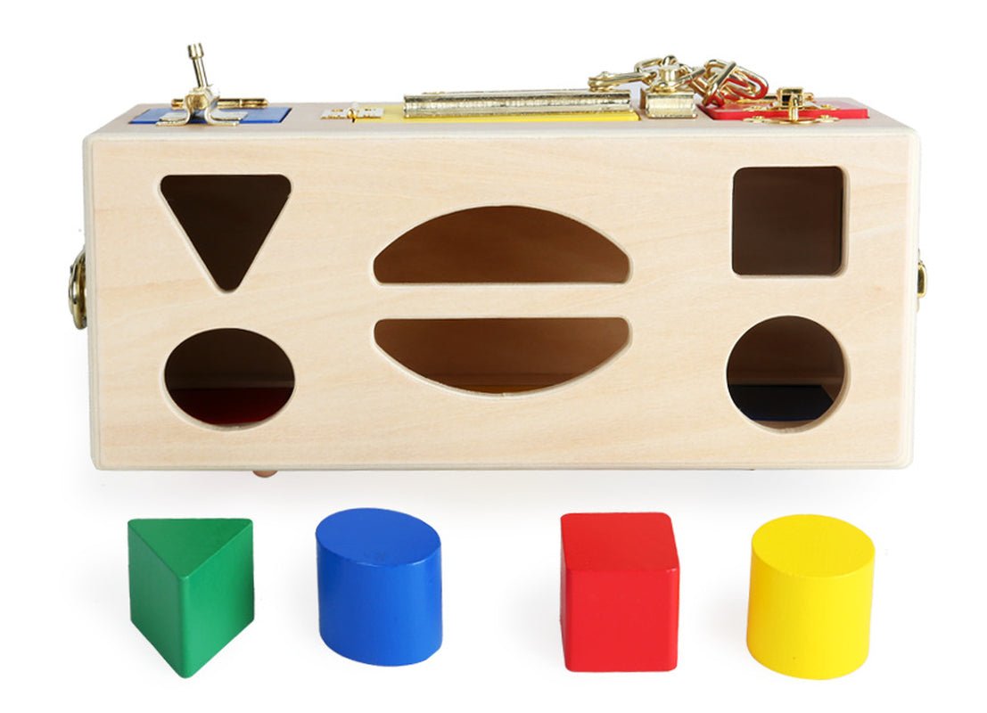 Front view of wooden shape lock box showing triangle oval square and circle shaped holes with four colorful wooden shapes below