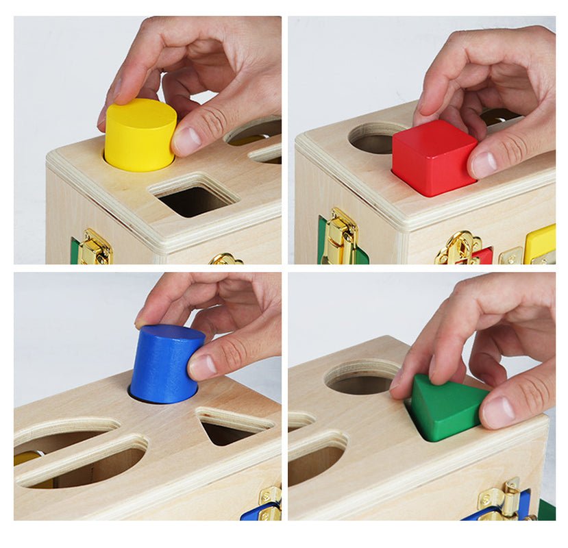 
Close-up four panel image of hands placing yellow red blue and green wooden shapes into matching holes on wooden lock box