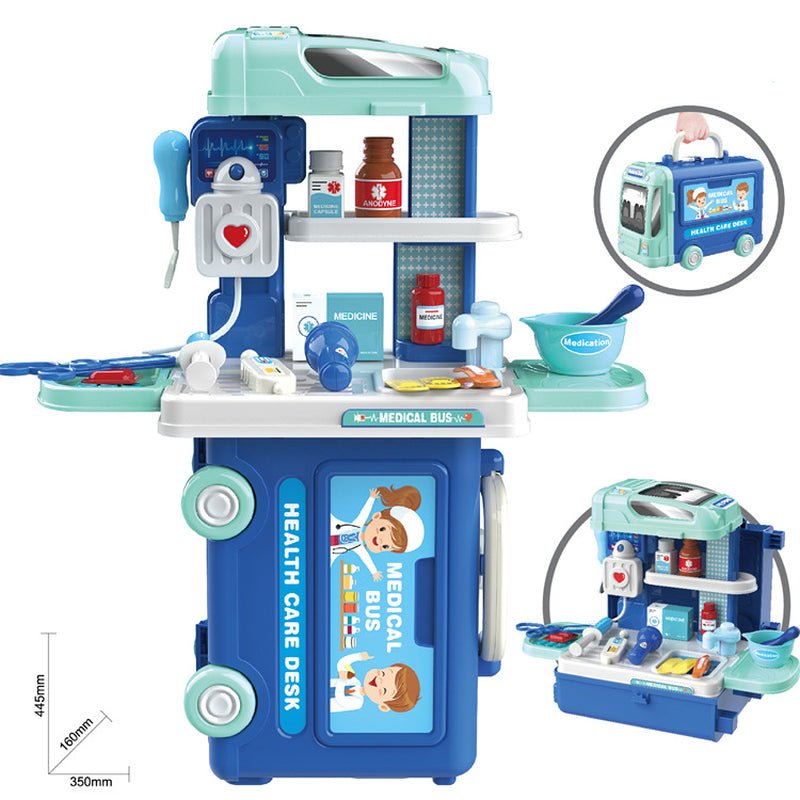Kids Medical Bus suitcase playset open showing blue doctor station with stethoscope medicine bottles and health care accessories