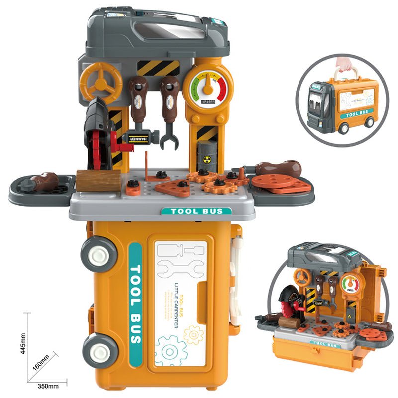 Kids Tool Bus suitcase playset open showing yellow workbench with toy tools hammer wrench and drill accessories