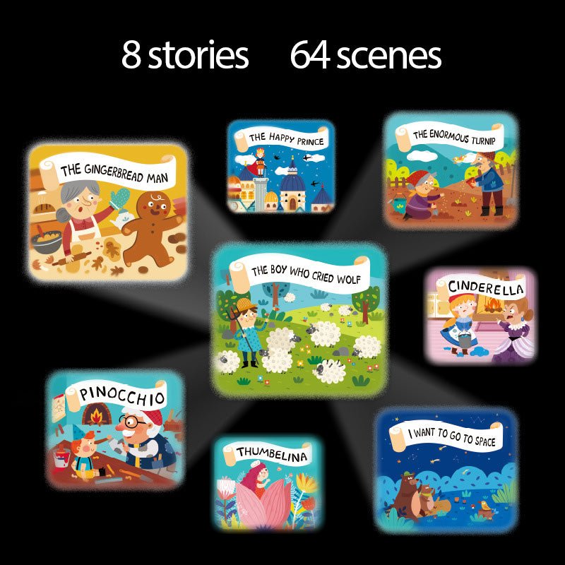 Kids story projector torch with 8 stories and 64 scenes for toddlers and kids