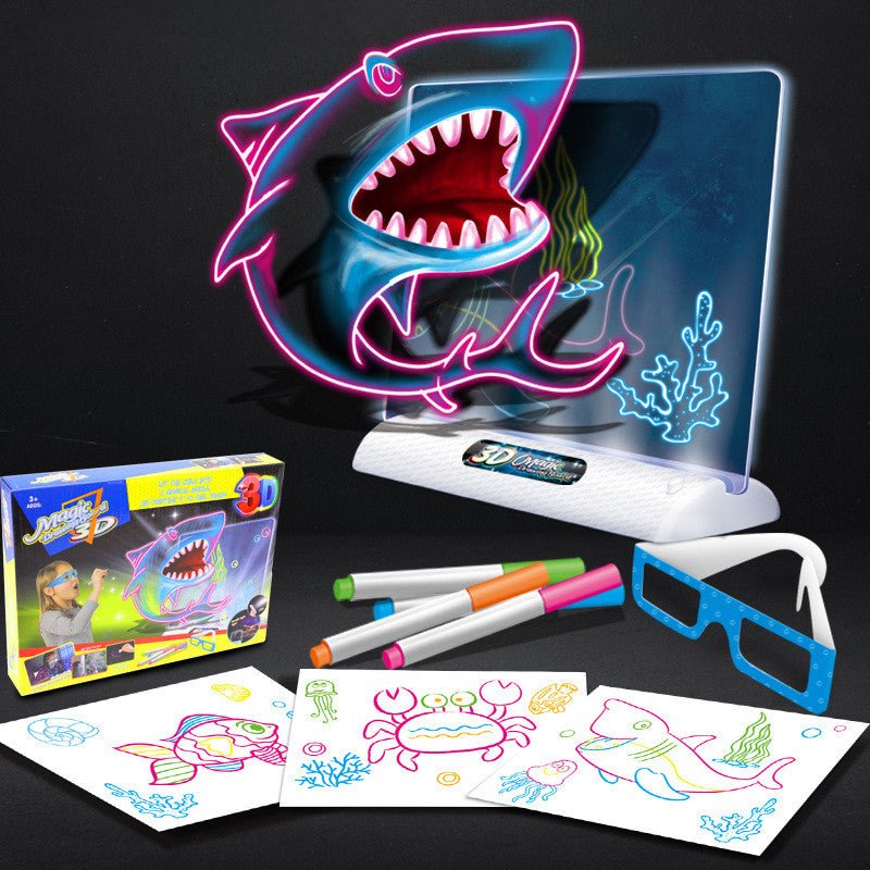 Magic 3D LED drawing board ocean theme set with neon shark art, 3D glasses, 4 pens and template sheets