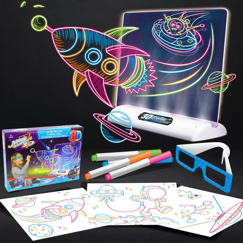 Magic 3D LED drawing board space theme set with neon rocket art, 3D glasses, 4 pens and template sheets