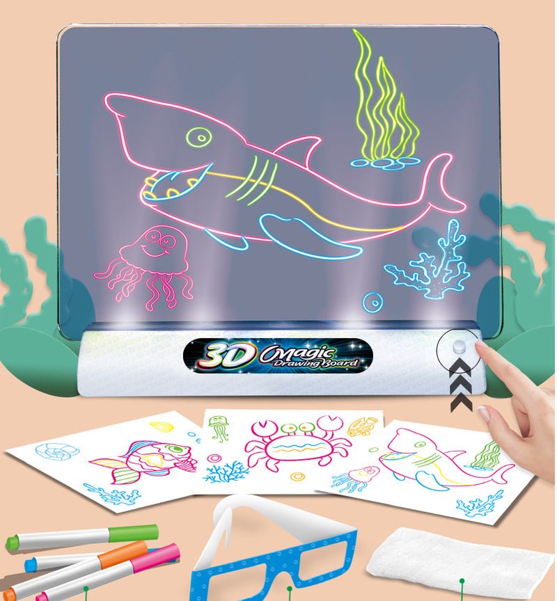Child turning on 3D Magic Drawing Board showing glowing neon shark ocean scene with pens, glasses and templates