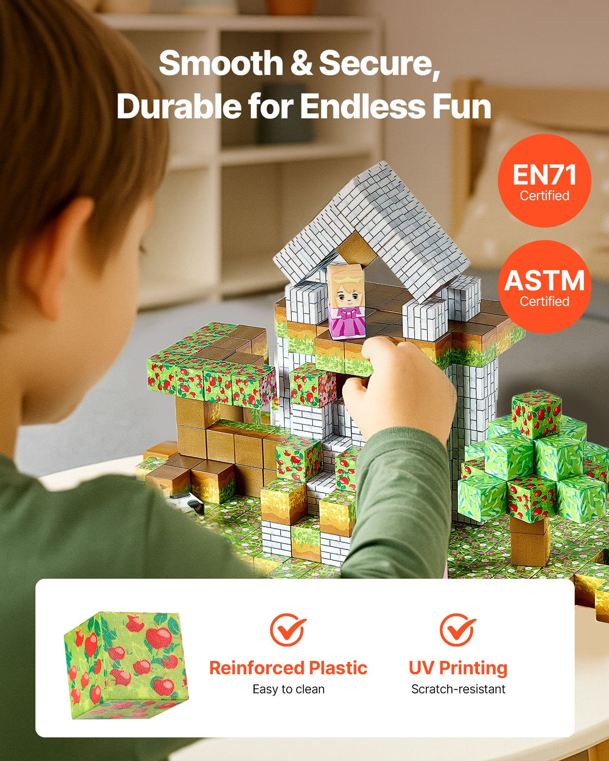 Child placing princess cube in forest castle magnetic block build – EN71 and ASTM certified, reinforced plastic