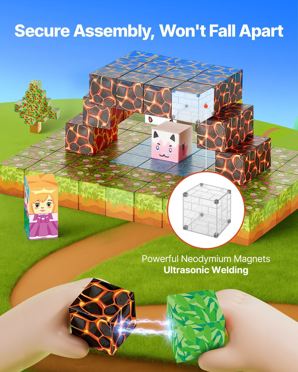 Magnetic blocks secure assembly showing neodymium magnets and ultrasonic welding connection