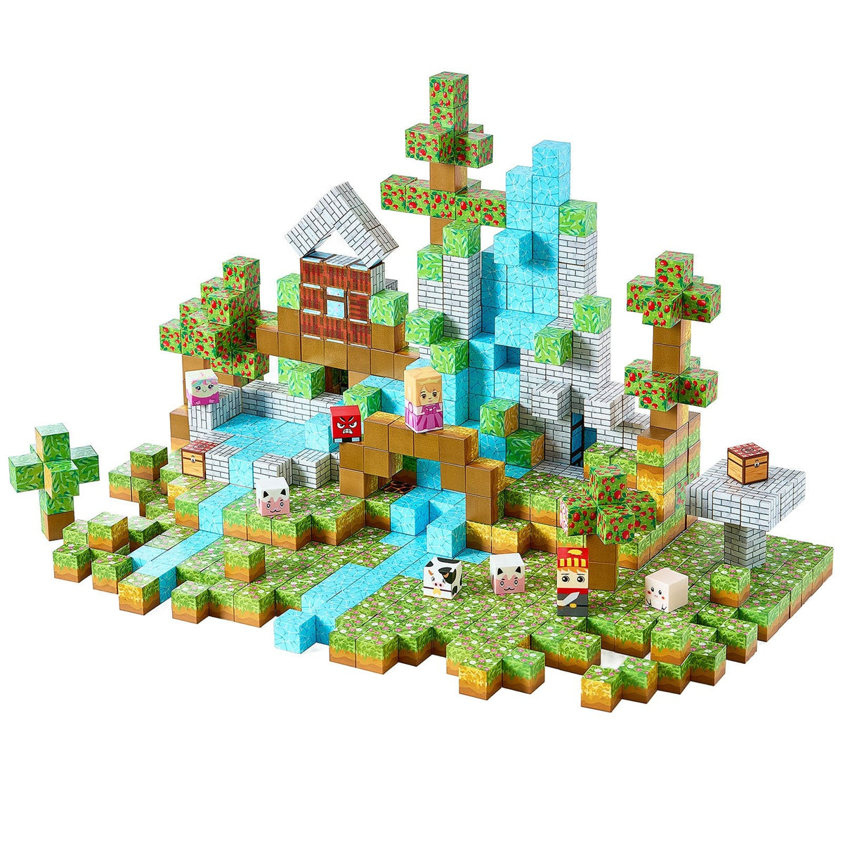 Completed 150-piece magnetic forest castle scene with trees, waterfall and character cubes