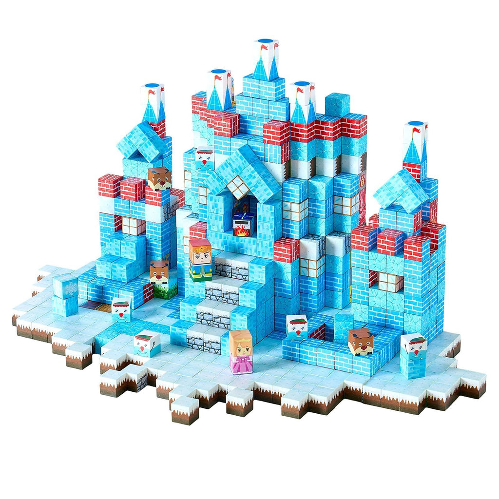 Completed 150-piece magnetic glacier castle with character cubes on white background
