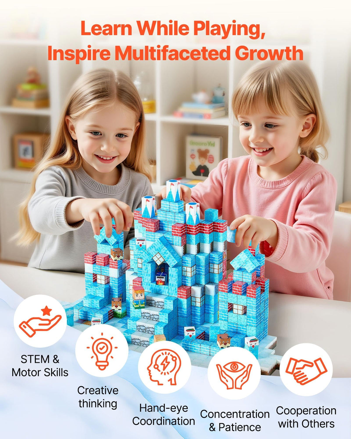 Two girls building a glacier castle with magnetic blocks – promotes STEM and creative thinking