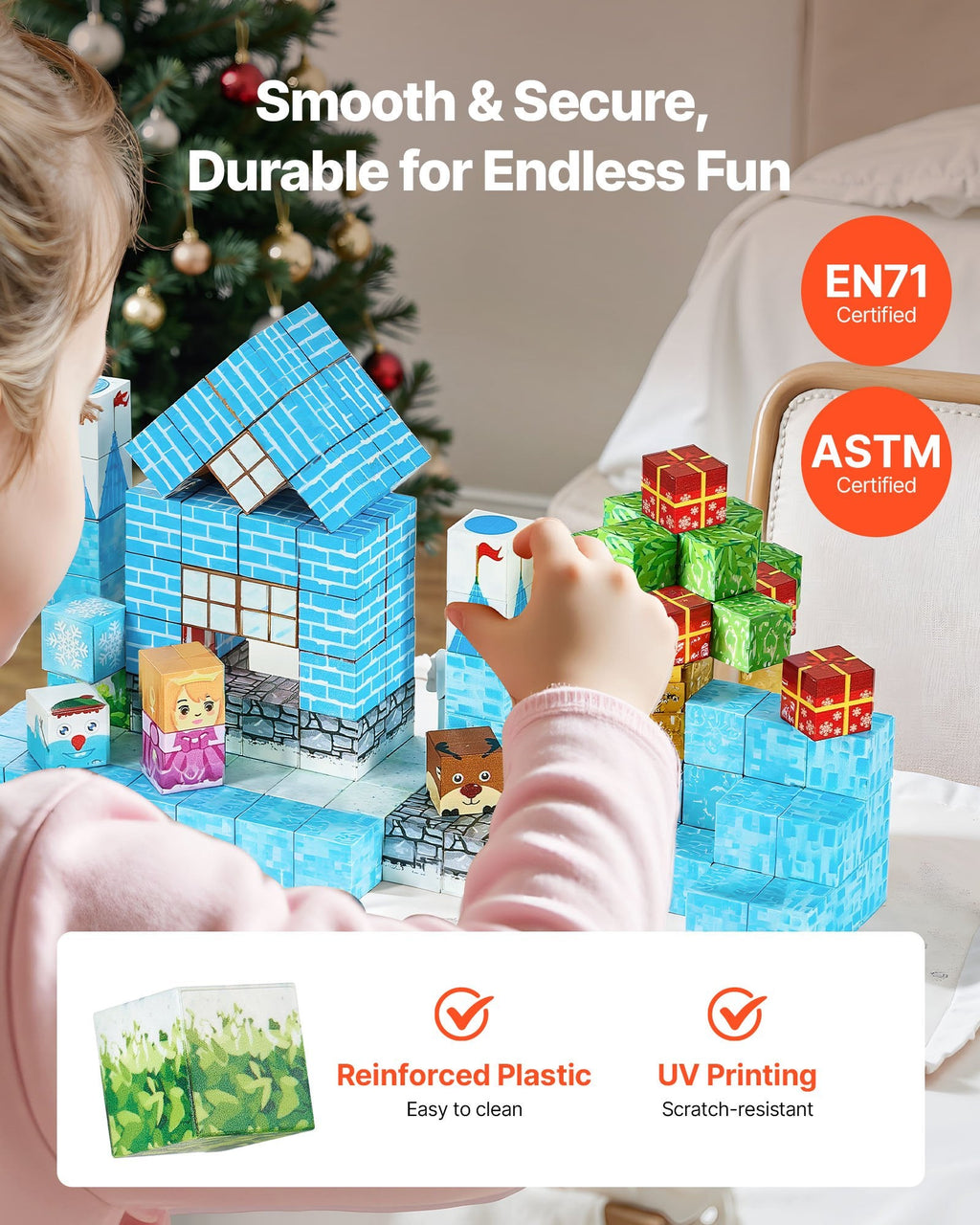 Child playing with glacier castle magnetic blocks – EN71 and ASTM certified, reinforced plastic with UV printing