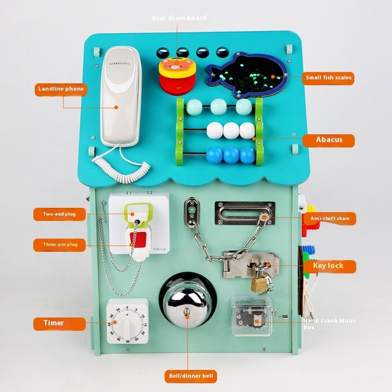 Montessori Busy House Box showing colorful learning activitie