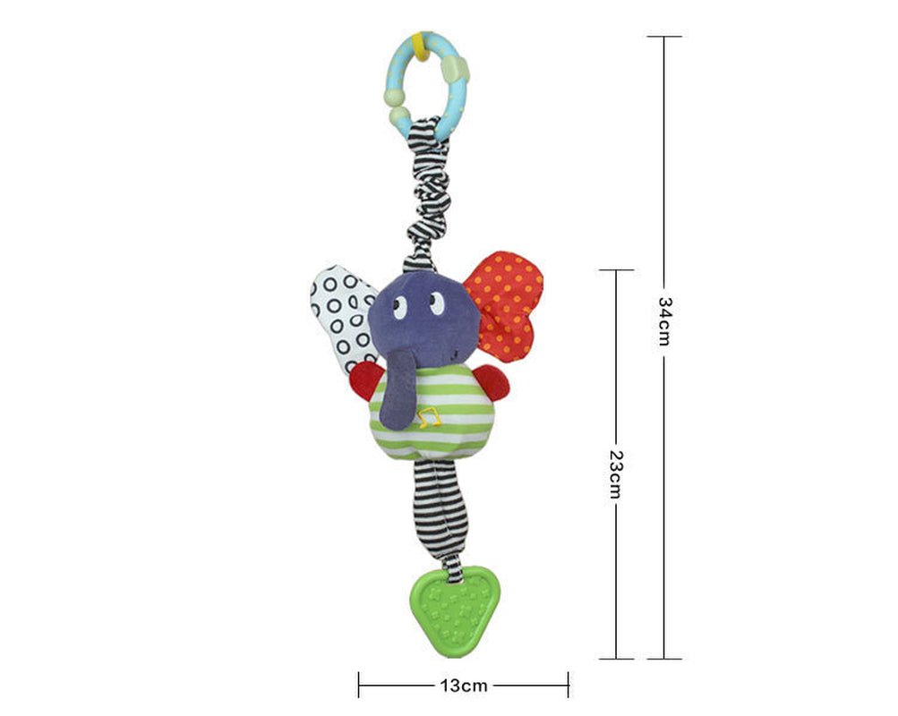 Full length view of musical elephant teether toy with hanging clip showing 34cm total length and 13cm width
