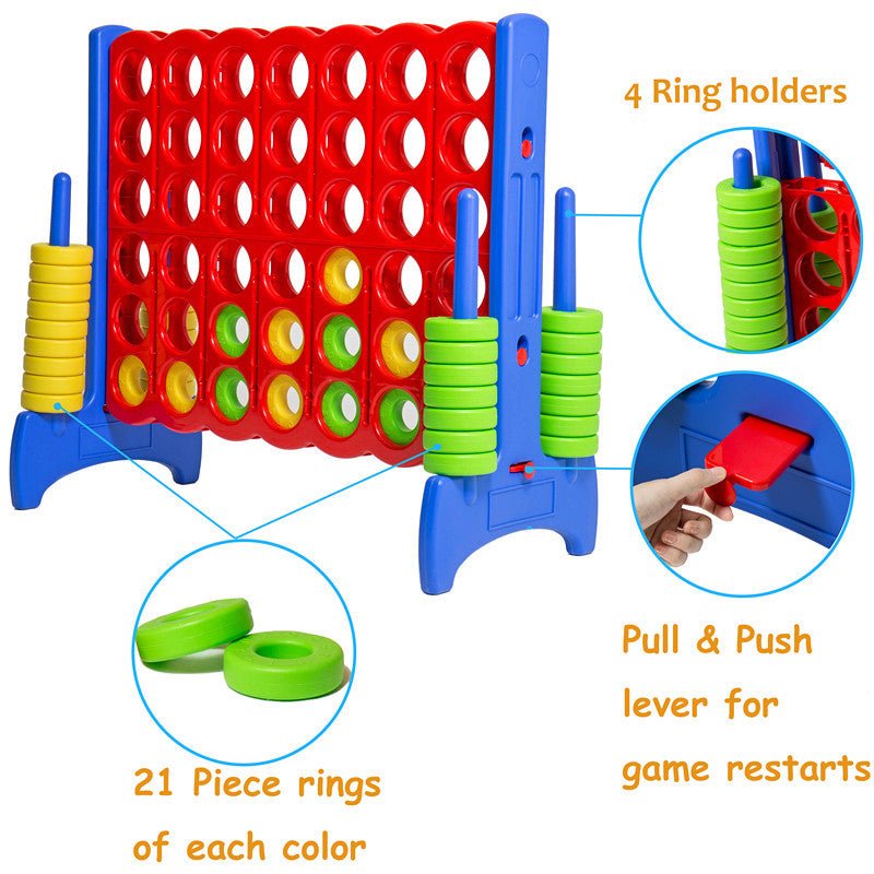 Giant connect four game detail showing 21 rings per color, 4 ring holders and pull-and-push restart lever