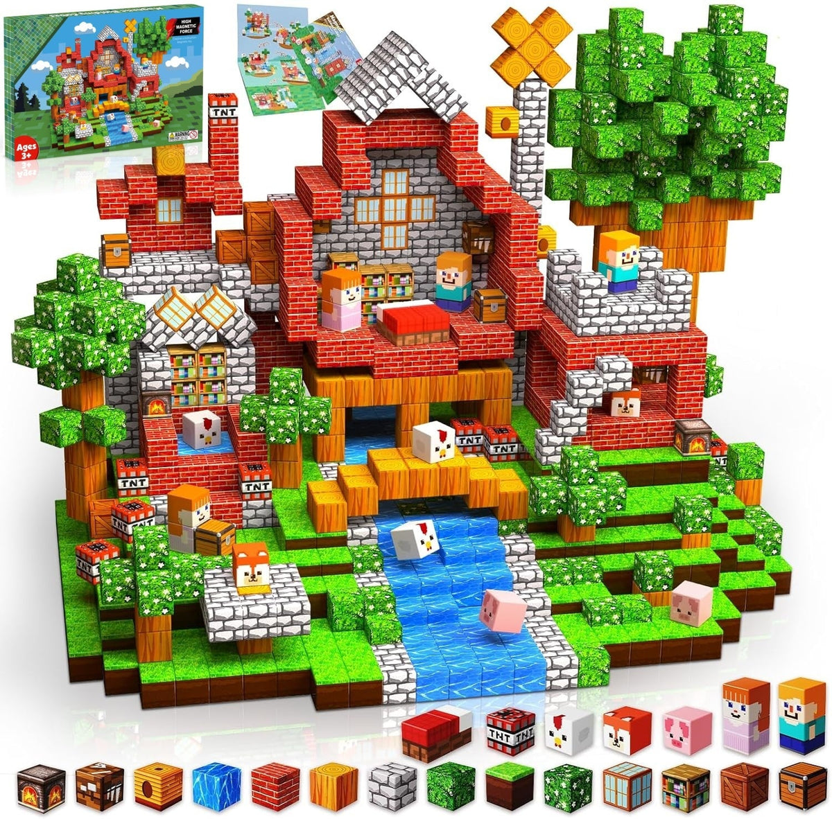 100-piece primitive forest magnetic blocks set with brick animal home, river, trees and character cubes