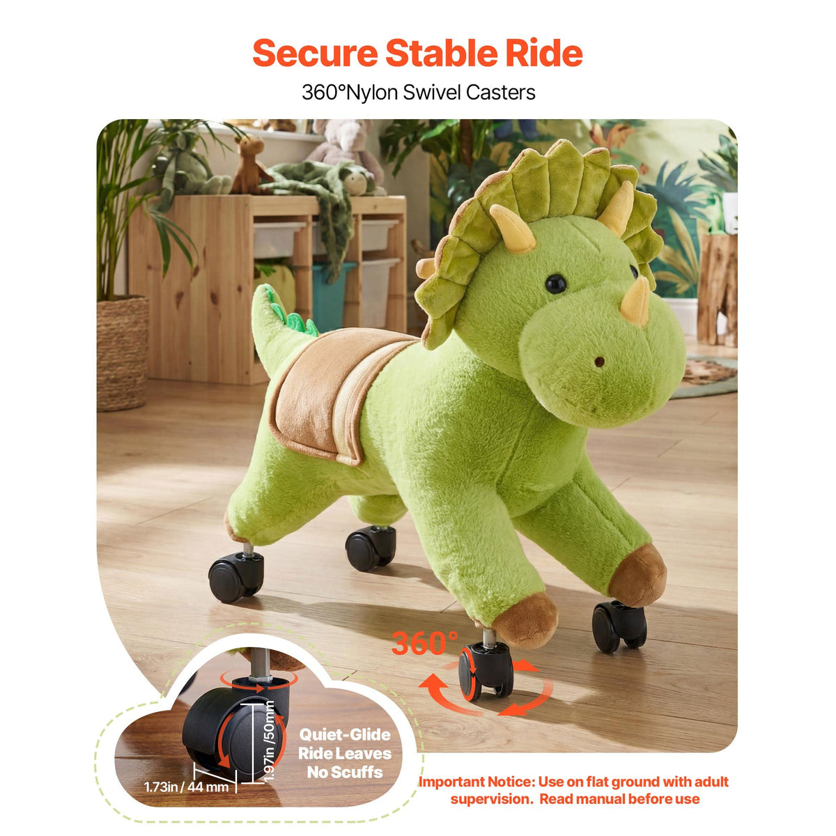 Dinosaur ride-on toy for kids with 360-degree wheels and soft seat