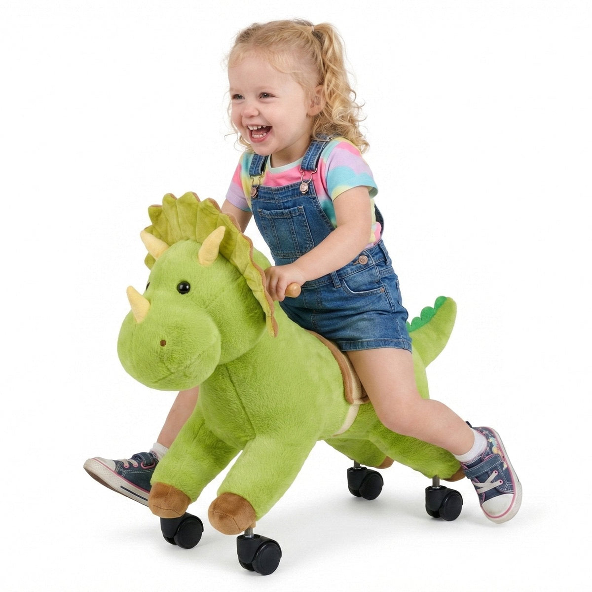 Dinosaur ride-on toy for kids with 360-degree wheels and soft seat
