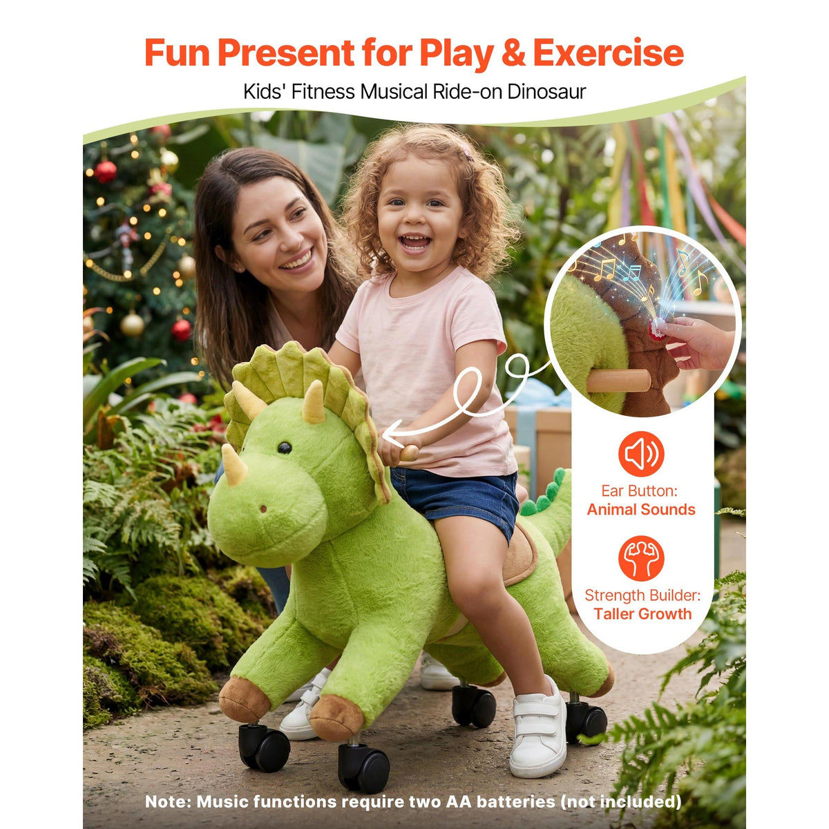 Dinosaur ride-on toy for kids with 360-degree wheels and soft seat
