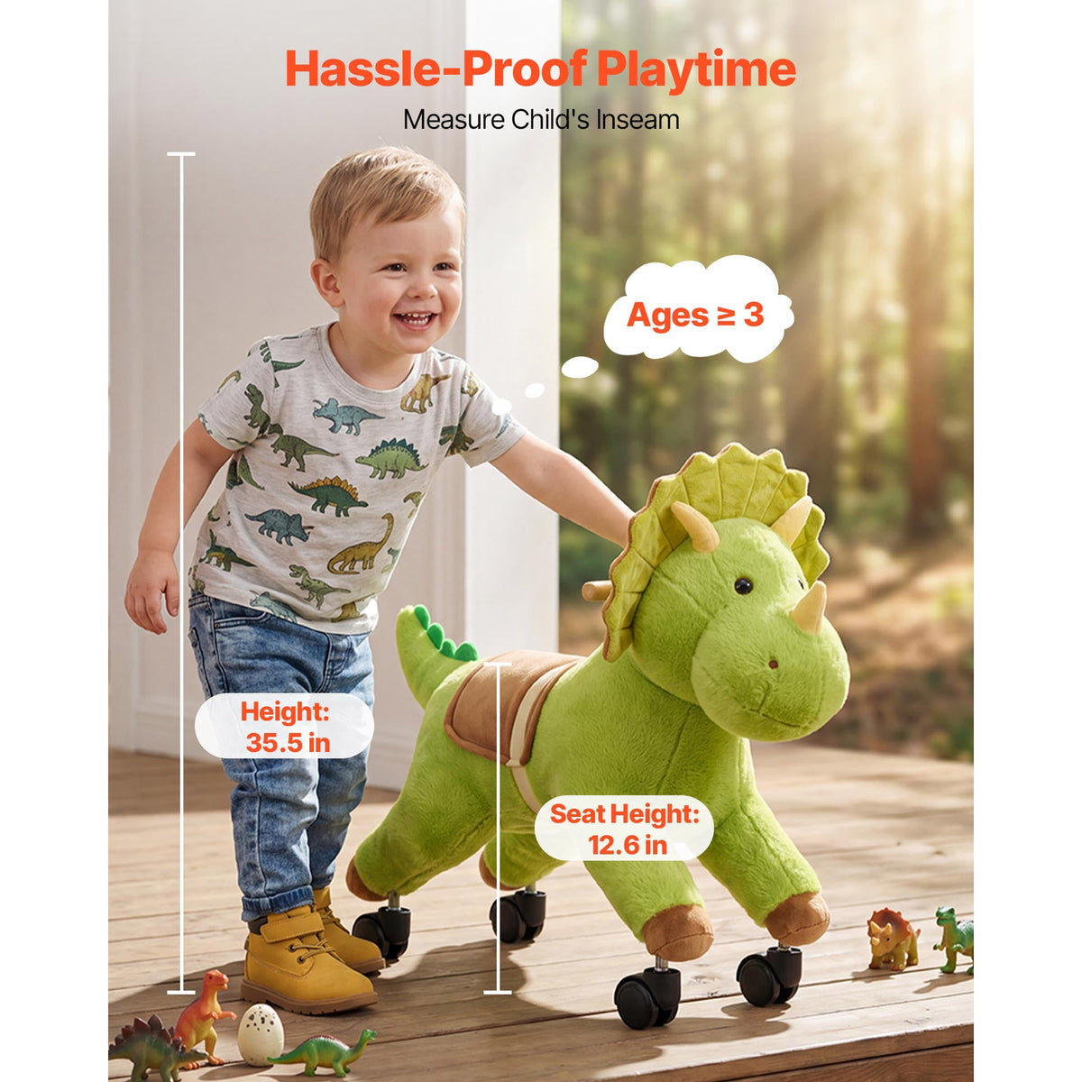 Dinosaur ride-on toy for kids with 360-degree wheels and soft seat