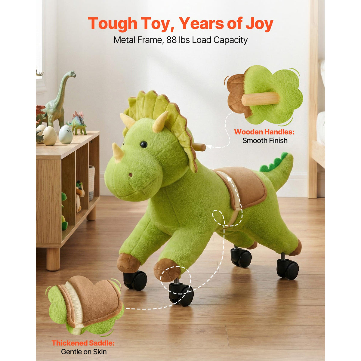 Ride on Horse, Riding Dinosaur Toys for Kids, Features Lifelike Dinosaur Roars, No Battery Required, 360-Degree Flexible Smooth Wheels, Soft Seat, 88 Lbs Max Load Capacity for Toddlers Ages 3