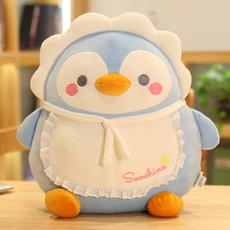 Blue penguin stuffed animal plush toy wearing white lace apron and bonnet, 40cm