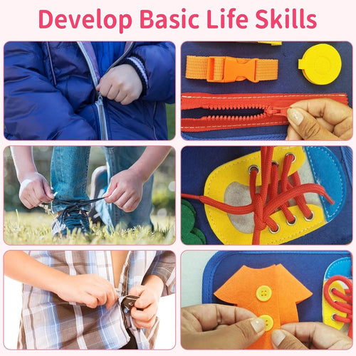 Collage showing kids learning to zip, tie shoelaces and fasten buttons using the Montessori busy board activities