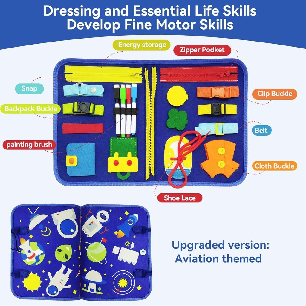 Busy board infographic showing activities: zipper, buckles, shoelace, snap and painting brush for fine motor skills