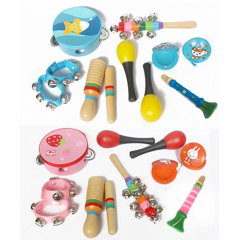 10-piece wooden musical instrument set for babies showing blue boy set and pink girl set side by side