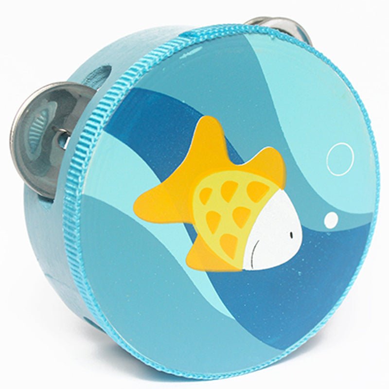 Close-up of blue wooden tambourine with fish design from baby musical instrument se
