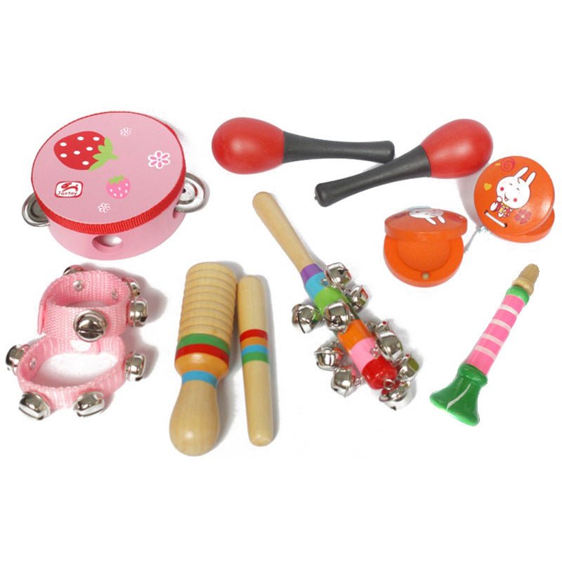 Pink girl wooden baby musical instrument set including tambourine, maracas, castanets, bells and flute