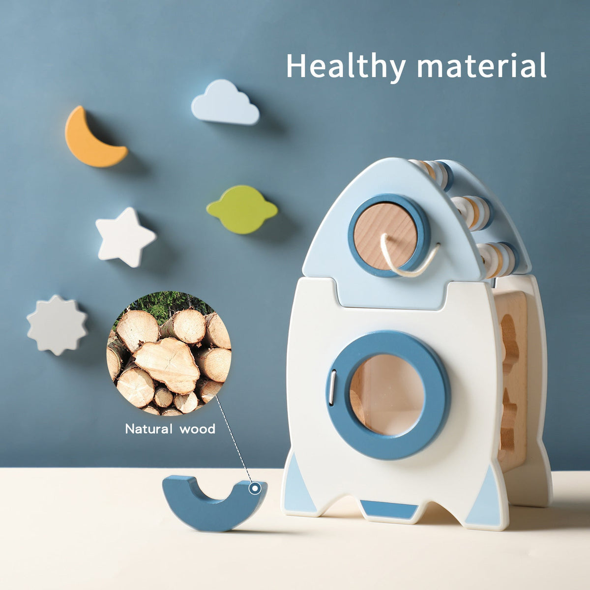 Wooden Rocket Busy Box showing shape recognition and fine motor activities